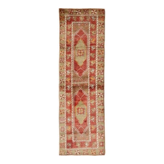 Red and Green Vintage Turkish Oushak Runner With Tribal Dual Medallions For Sale