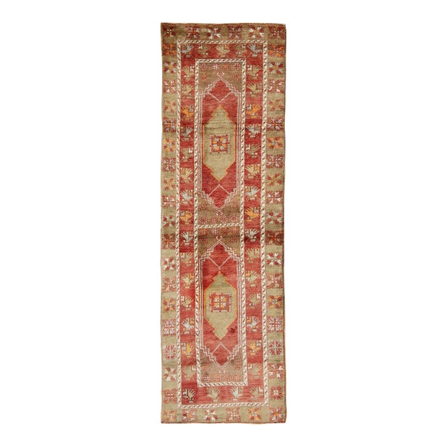 Red and Green Vintage Turkish Oushak Runner With Tribal Dual Medallions For Sale