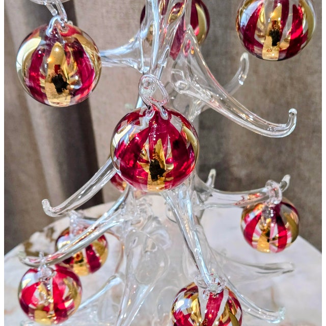 Vintage 20" Italian Hand-Blown Soffieria Parise Vetro Glass Christmas Tree With Red & Gold Ornaments For Sale - Image 4 of 9