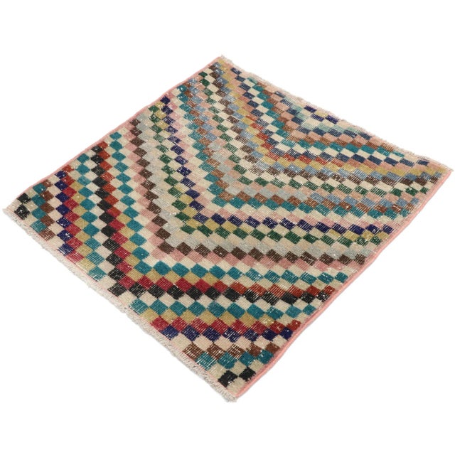 ​ ​Distressed Vintage Turkish Sivas Rug with Rustic Mid-Century Modern Cubist Style 02'05 x 02'06. This hand-knotted wool...