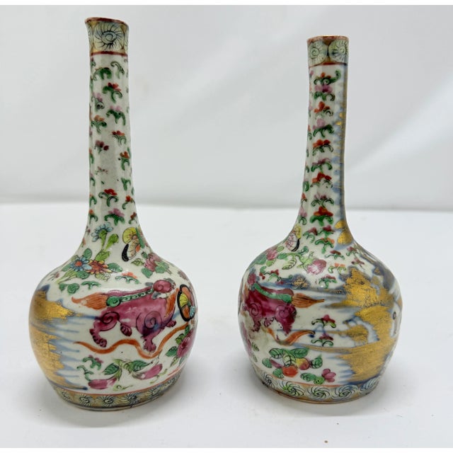 Pair, 19th Century Chinese Clobbered Rose Medallion Bottle Vases For Sale - Image 4 of 8