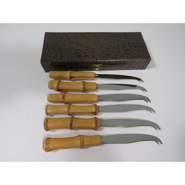 1960s Vintage Italian Cheese Cutlery in Bamboo and Stainless Steel, 1960s, Set of 6 For Sale - Image 5 of 6