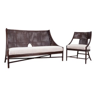 Barbara Barry for McGuire Rattan Cane Settee and Armchair For Sale