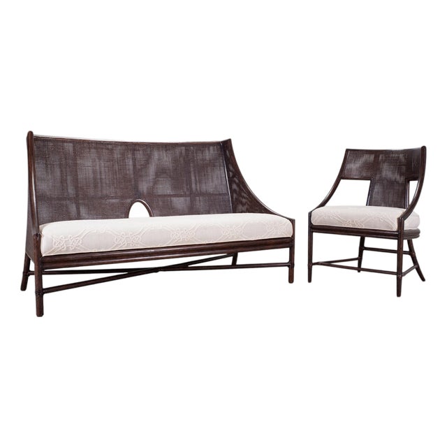 Barbara Barry for McGuire Rattan Cane Settee and Armchair For Sale