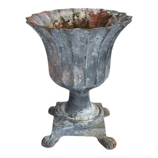 Vintage French Neoclassical Style Fluted Footed Cast Iron Urn / Cachepot/ Planter on Paw Feet For Sale