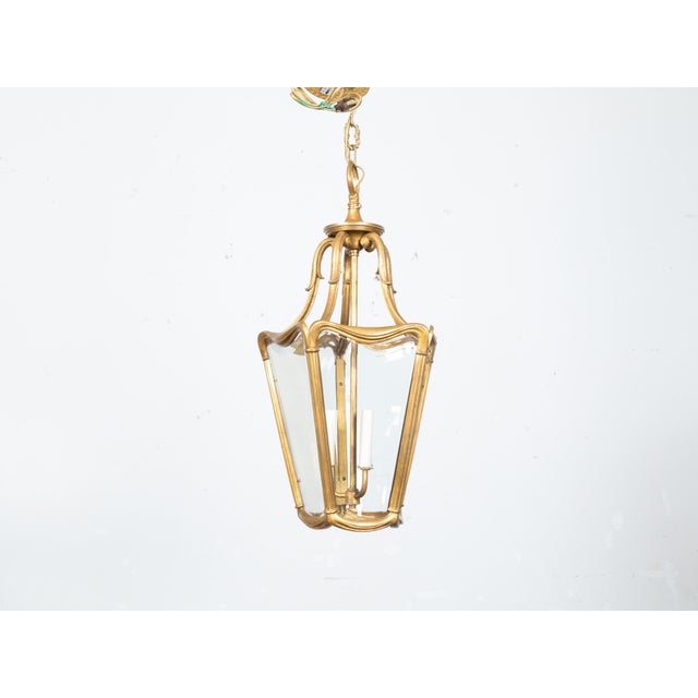 Art Nouveau Style Gilt Metal Three-Light Lantern with Subtle Scrolling Effects For Sale - Image 10 of 12