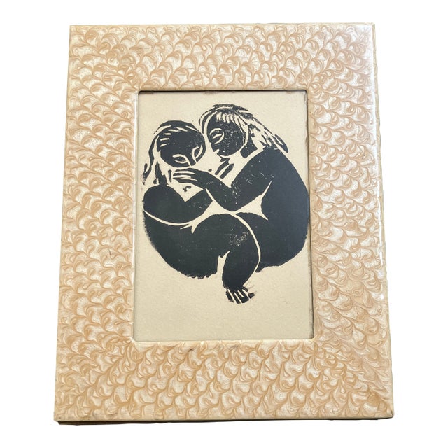 1970’s Original Abstract Double Figure Wood Block Print Vintage Tabletop Frame For Sale