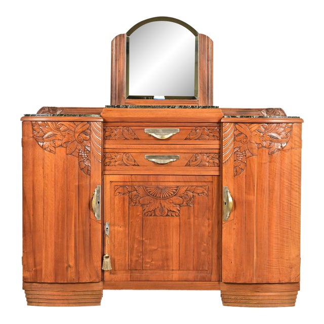 French Art Deco Carved Walnut Marble Top Sideboard or Bar Cabinet, Circa 1930s For Sale