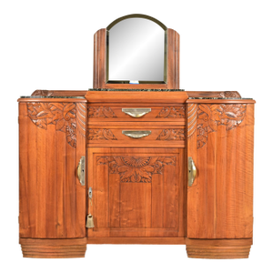French Art Deco Carved Walnut Marble Top Sideboard or Bar Cabinet, Circa 1930s