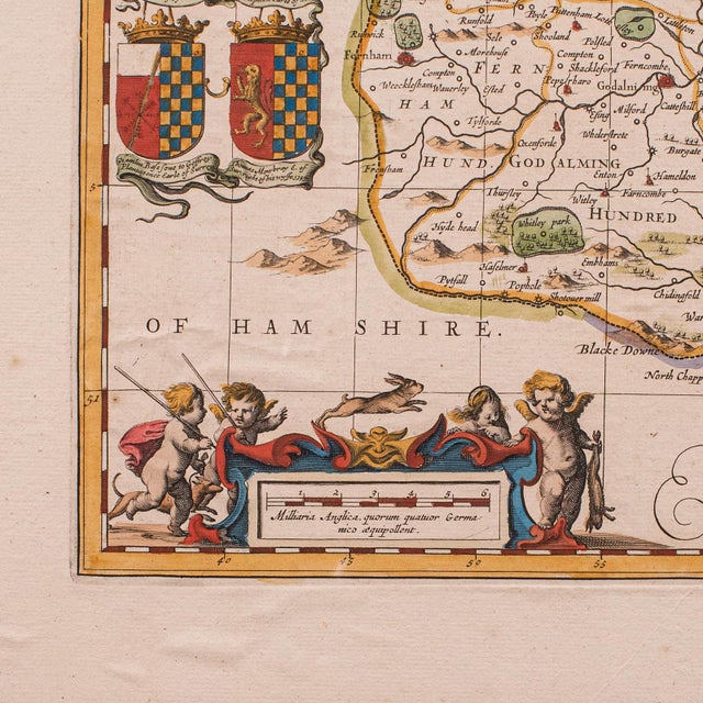 Antique Map of Surrey, English, Framed County Cartography, After Blaeu, c.1690 For Sale - Image 9 of 12