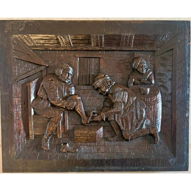 Wood Antique Victorian Flemish Tavern Scene Wall Panels in Carved Oak, 1880, Set of 5 For Sale - Image 7 of 9