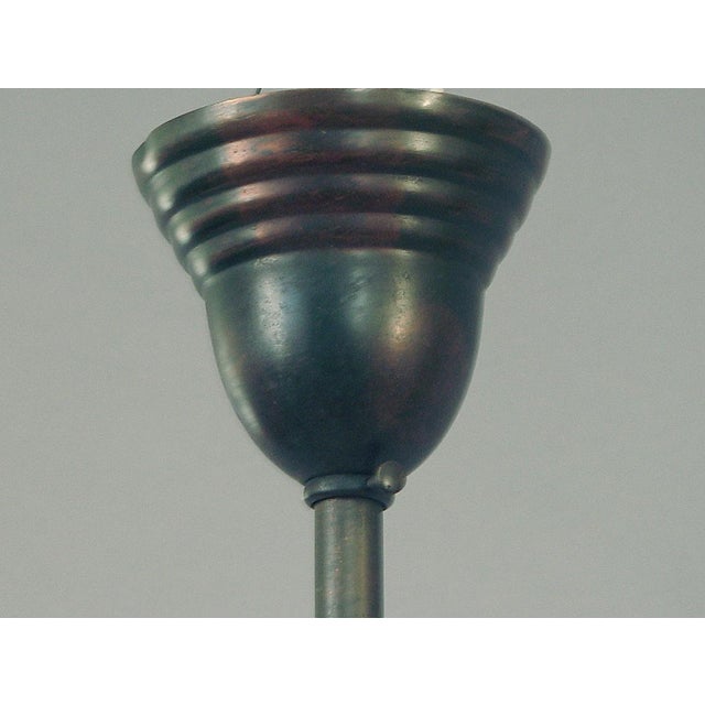 American 3-Light “Japanned” Chandelier, Multicolored Muller Art Glass Shades Ca. 1910 For Sale In San Francisco - Image 6 of 7