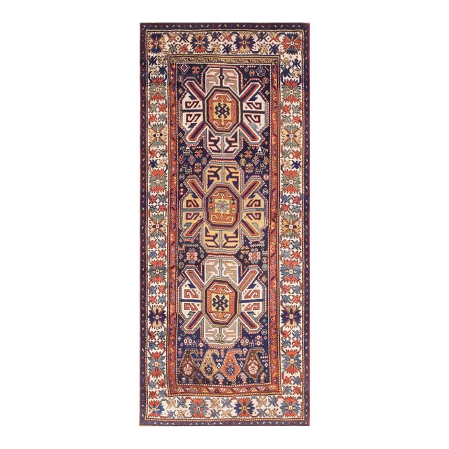 1880s Blue Navy Geometric Tribal Antique Caucasian Rug 4' 3" X 9' 0" Handknotted Wool Carpet For Sale