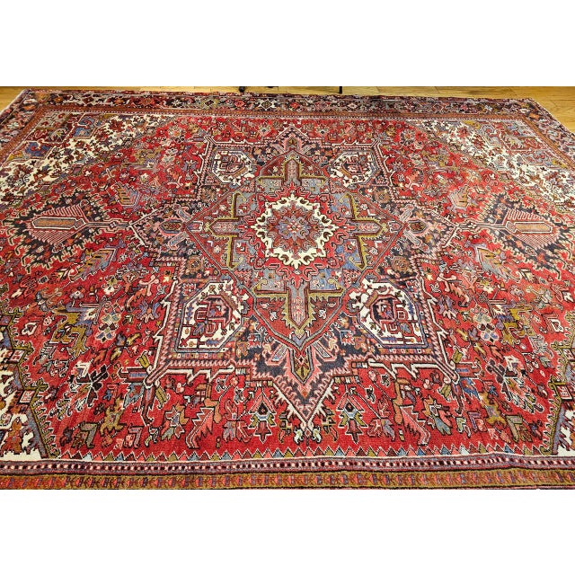 Vintage Heriz Rug, Hand-Knotted Wool, Geometric Medallion Pattern, Red & Navy, 10x13 For Sale - Image 9 of 11