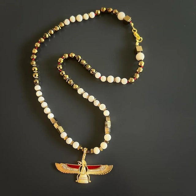 Spiritual Guidance Faravahar Pendant White Beaded Necklace For Sale - Image 4 of 7