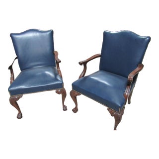 1980s Pair Leather Dining Club Chairs Mahogany Claw Feet For Sale