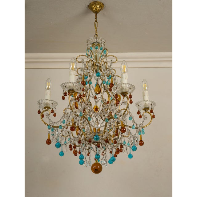 Glass Vintage Florentine 6-Light Chandelier in Gilded Iron with Crystals and Murano Glass Pendants, 1950s For Sale - Image 7 of 14