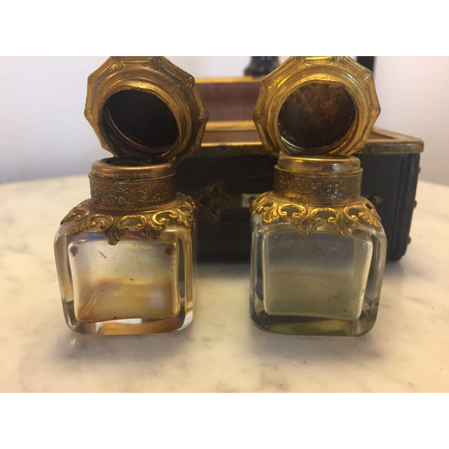 Continental Shagreen, Mother of Pearl Miniture Trunk With Gilt Filigree Crystal Bottles - 3 Pieces For Sale - Image 12 of 13