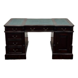 English Desk in Green Leather For Sale