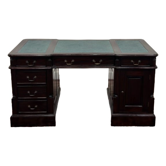 English Desk in Green Leather For Sale