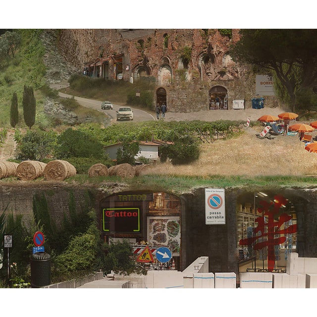 This hyperphotocollage presents a surreal landscape that juxtaposes urban development with pastoral scenes, creating a...