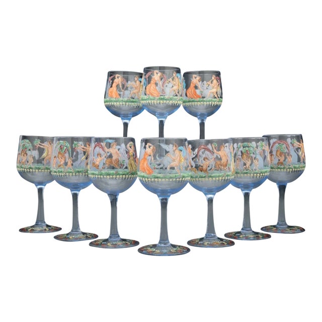 Rare 19th C. Venice & Murano Glass Salviati Attrib Enameled Stemmed Cordial Glassware - Set of 10 For Sale