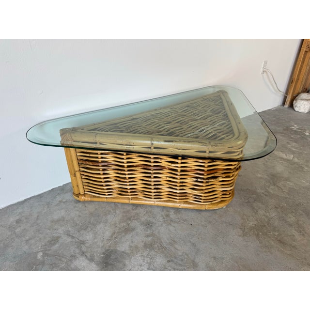 Vintage Coastal Rattan Triangular Coffee Table With Glass Top/ Sold For Sale - Image 4 of 12