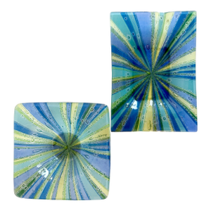 1950s Set of 2, Mid Century Modern Signed Higgins Art Glass Ashtray / Bowl Blue Starburst MCM