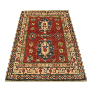 Kazak Rug 4'2'' X 5'10'' Red Wool Tribal Hand-Knotted Oriental Carpet