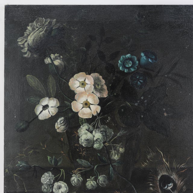 Late 20th Century Vintage Dark Floral Still Life Oil Painting on Canvas With Peacock Feather For Sale - Image 5 of 10