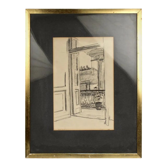 Charcoal Drawing of a View from a Balcony by Lambro Ahlas For Sale