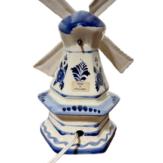 Chinoiserie Vintage Authentic Dutch Delft Blue Hand-Painted Porcelain Windmill Table Lamps - Made in Holland - a Pair For Sale - Image 3 of 7