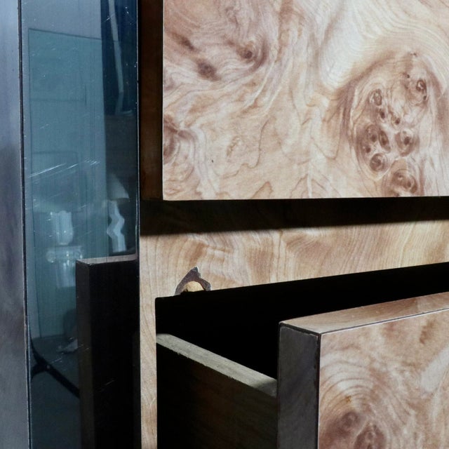 1970s 70's Baughman Style Faux Burl and Chrome Highboy Dresser For Sale - Image 5 of 7