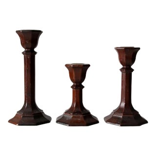 Vintage Wood Candlestick Holders Set of 3 For Sale