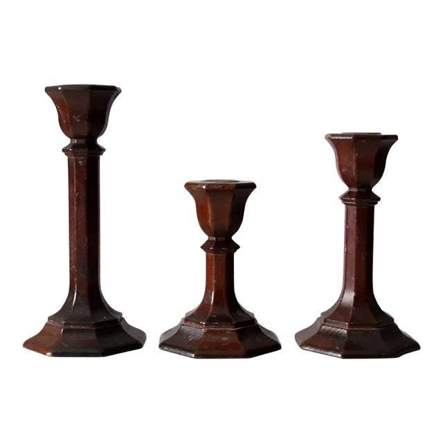 Vintage Wood Candlestick Holders Set of 3 For Sale