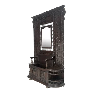 Fine Carved Oak Lift Top Bench Pier Mirror Umbrella Stand Coat Hall Rack