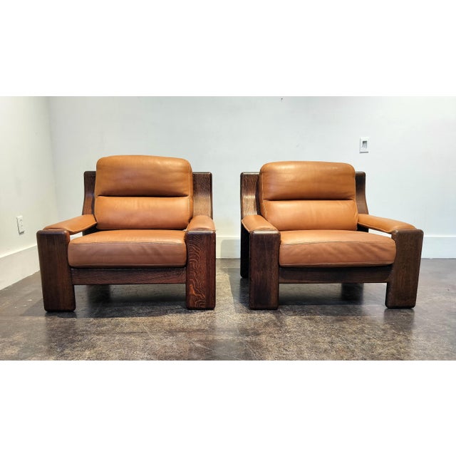 Mid-Century Modern Heavy Circa 1970 Oak and Cognac Leather French Club Chairs For Sale - Image 3 of 9