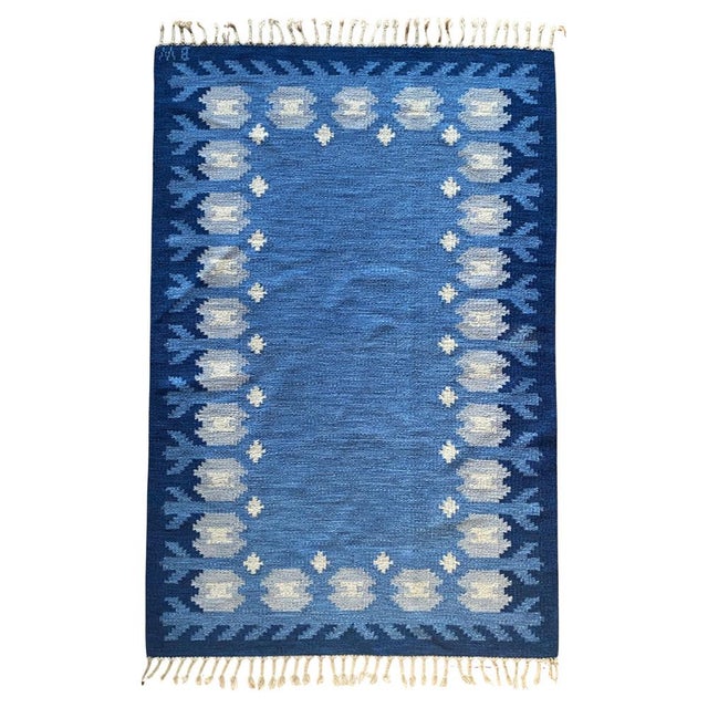 Scandinavian Modern Blue Rölakan Flatweave Rug by Berit Koenig Woelfer, Sweden, 1960s For Sale - Image 16 of 16
