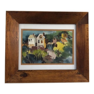 Original 1970s Abstract Village Watercolor by Anne Faulkner, Signed & Framed For Sale