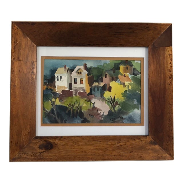 Original 1970s Abstract Village Watercolor by Anne Faulkner, Signed & Framed For Sale