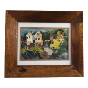 Original 1970s Abstract Village Watercolor by Anne Faulkner, Signed & Framed