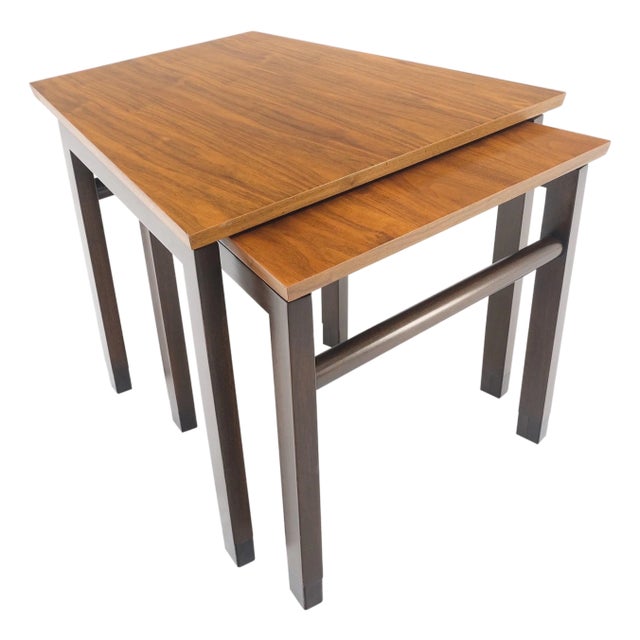 Set of Trapezoid Walnut Mid Century Modern Nesting Stacking End Side Tables MINT For Sale