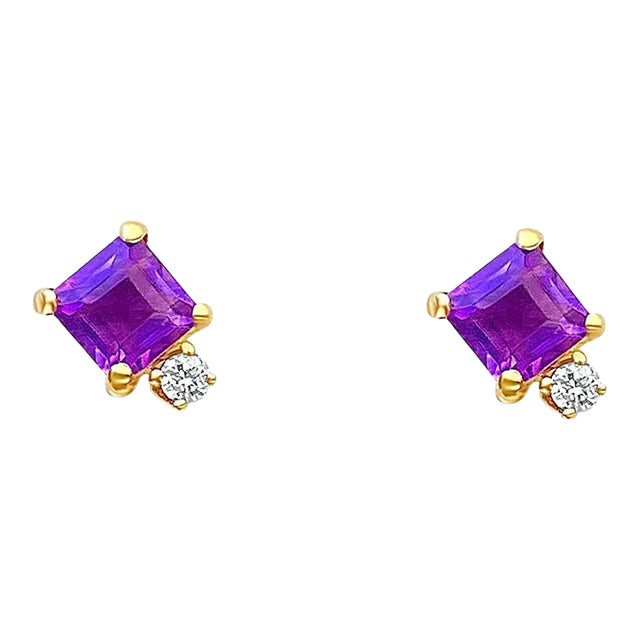 Square Purple Amethyst and Diamond Stud Earrings in 14k Gold Setting - 2 Pieces For Sale