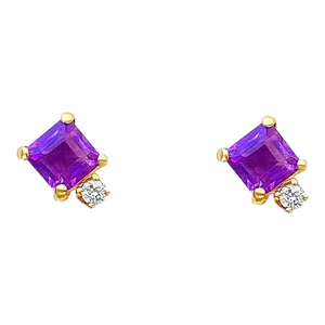 Square Purple Amethyst and Diamond Stud Earrings in 14k Gold Setting - 2 Pieces
