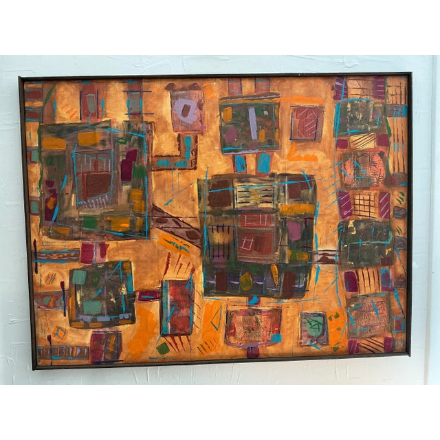 Beautiful vibrant abstract painting. Signet, dated and titled verso. Basic wood frame.