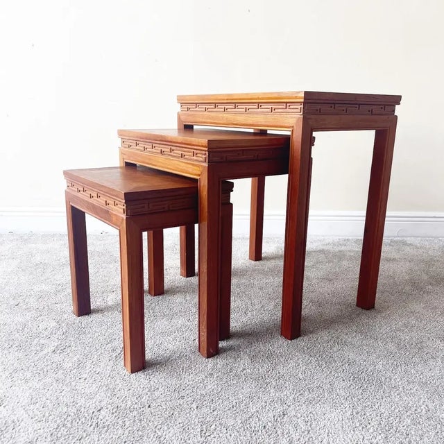 Chinoiserie Hand Carved Asian Wood Nesting/Stacking Tables For Sale - Image 10 of 10