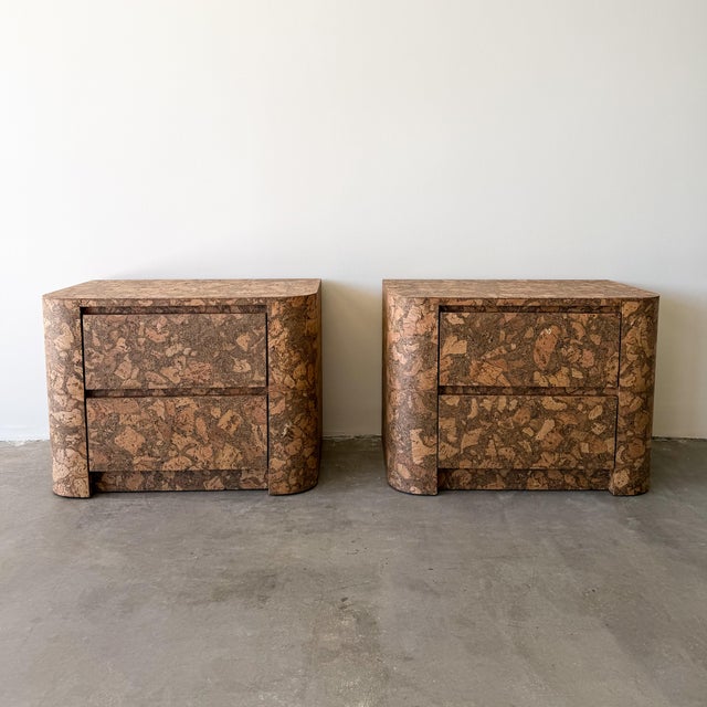 Mid-Century Modern Vintage 1970s Mid Century Modern Pair of Cork Nightstands Burlwood For Sale - Image 3 of 12