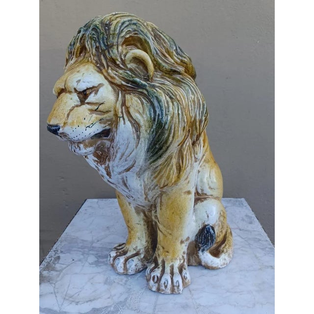 Vintage Italian Hamd painted Glazed Terracotta Lion. Stamped made in Italy on bottom.