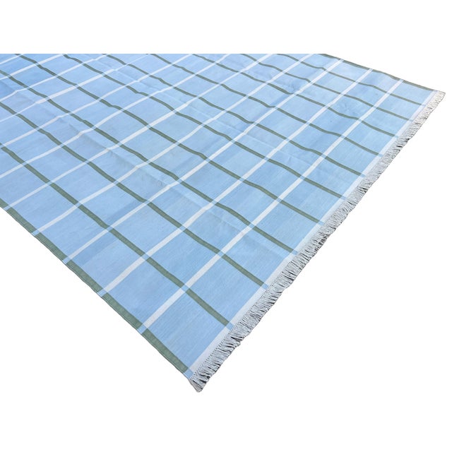 Handmade Cotton Natural Vegetable Dyed Sky Blue, Cream & Sage Green Windowpane Rug - 12'x15' For Sale - Image 6 of 10
