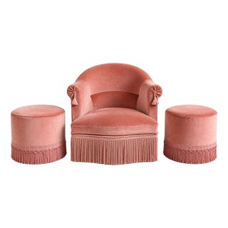 Napoleon III Lounge Chair and Poufs in Pink Velvet, 1800s, Set of 3 For Sale